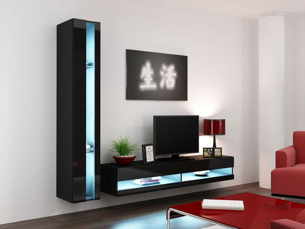 Veneti Stena do obývacej izby s LED modrým osvetlením ASHTON N8 - čierna / lesklá čierna